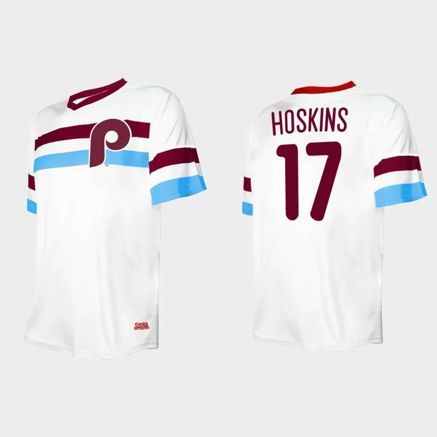Men’s Rhys Hoskins Philadelphia Phillies Cooperstown Collection V-Neck Jersey – White