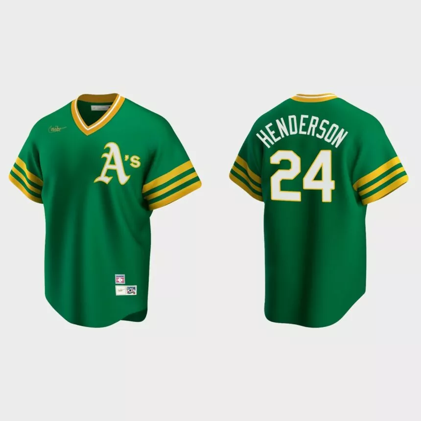Men’s Rickey Henderson #24 Oakland Athletics Cooperstown Collection Road Jersey – Kelly Green