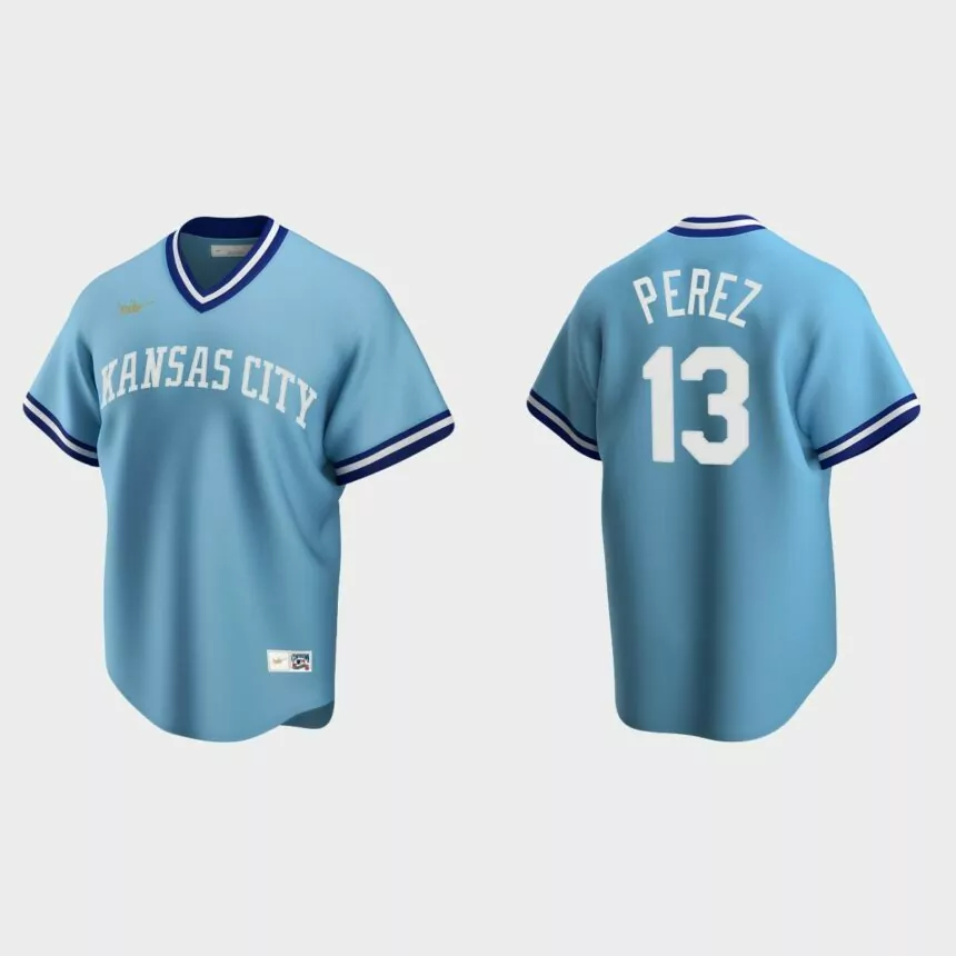 Men’s Salvador Perez Kansas City Royals Cooperstown Collection Road Jersey – Light Blue