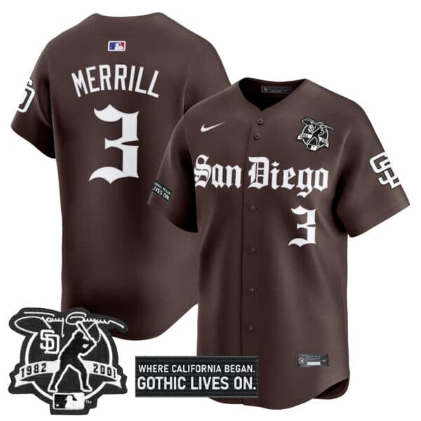 Men’s San Diego Padres ‘Gothic Edition’ Vapor Premier Limited Jersey – All Stitched Jackson Merrill   3