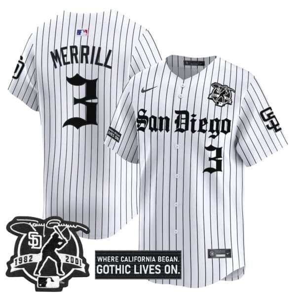 Men’s San Diego Padres ‘Gothic Edition’ Vapor Premier Limited Jersey – All Stitched Jackson Merrill # 3