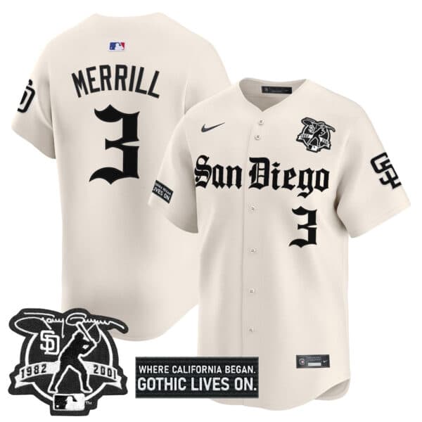 Men’s San Diego Padres ‘Gothic Edition’ Vapor Premier Limited Jersey – All Stitched Jackson Merrill #3