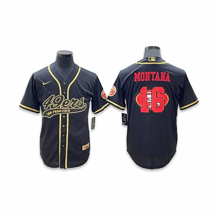 Men’s San Francisco 49ers #16 Joe Montana Co-branded Special Black Gold Style Baseball Jersey