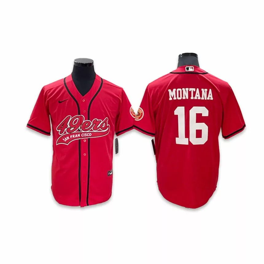 Men’s San Francisco 49ers #16 Joe Montana Co-branded Special Red Baseball Jersey