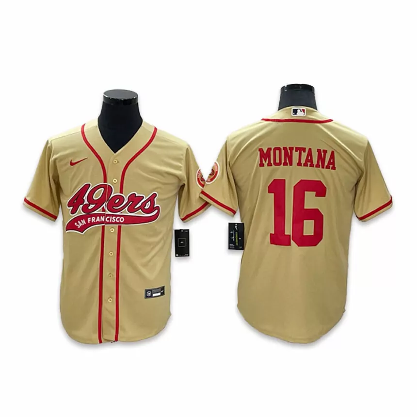 Men’s San Francisco 49ers #16 Joe Montana Co-branded Special Yellow Baseball Jersey