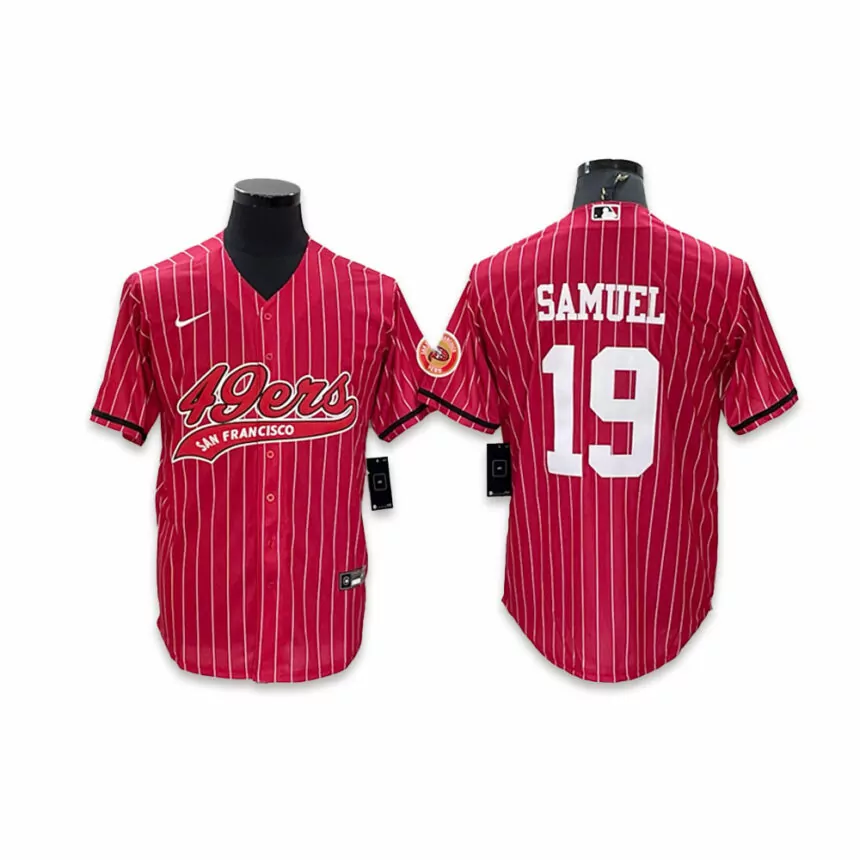 Men’s San Francisco 49ers #19 Deebo Samuel Co-branded Special Red Stripes Baseball Jersey