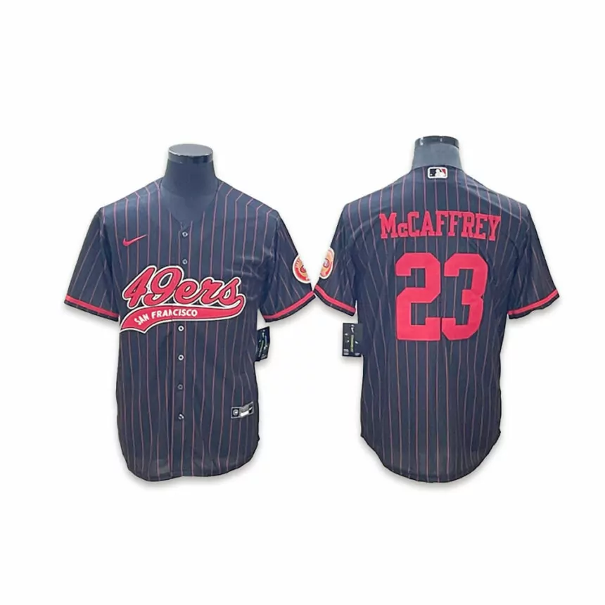 Men’s San Francisco 49ers #23 Christian McCaffrey Co-branded Special Black Red Stripes Baseball Jersey