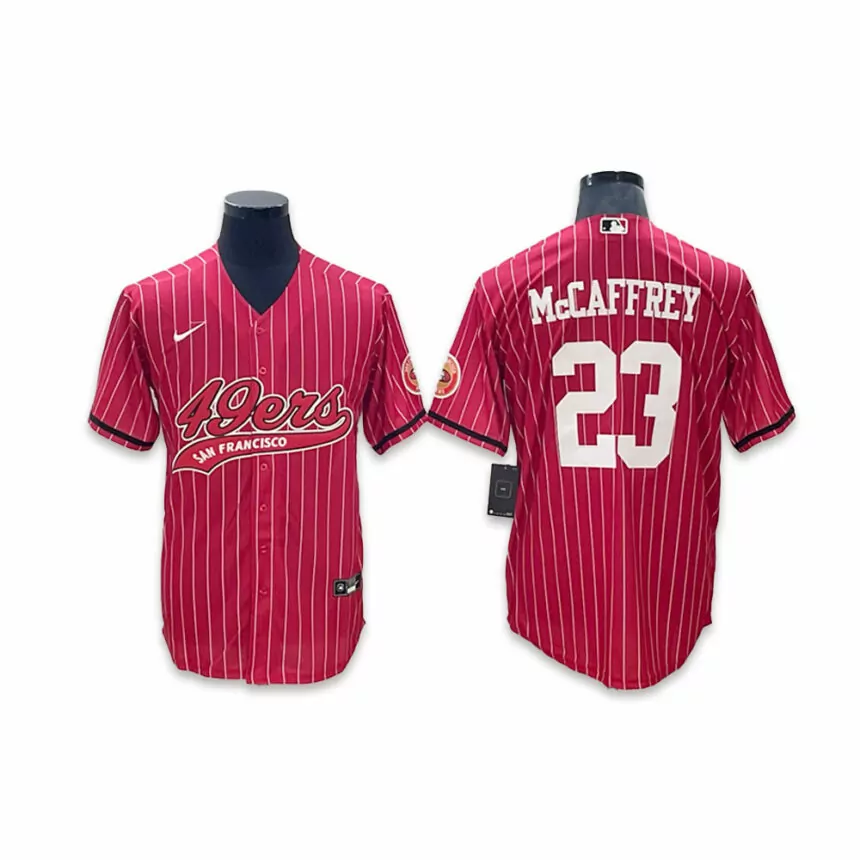 Men’s San Francisco 49ers #23 Christian McCaffrey Co-branded Special red stripes Baseball Jersey