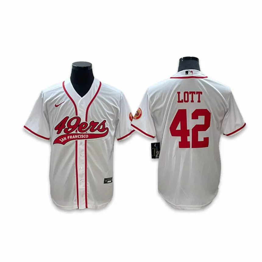 Men’s San Francisco 49ers #42 Ronnie Lott Co-branded Special White Baseball Jersey