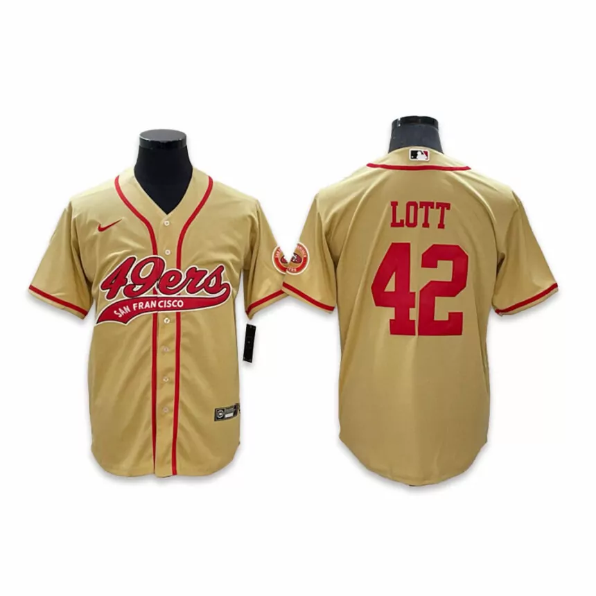 Men’s San Francisco 49ers #42 Ronnie Lott Co-branded Special Yellow Baseball Jersey