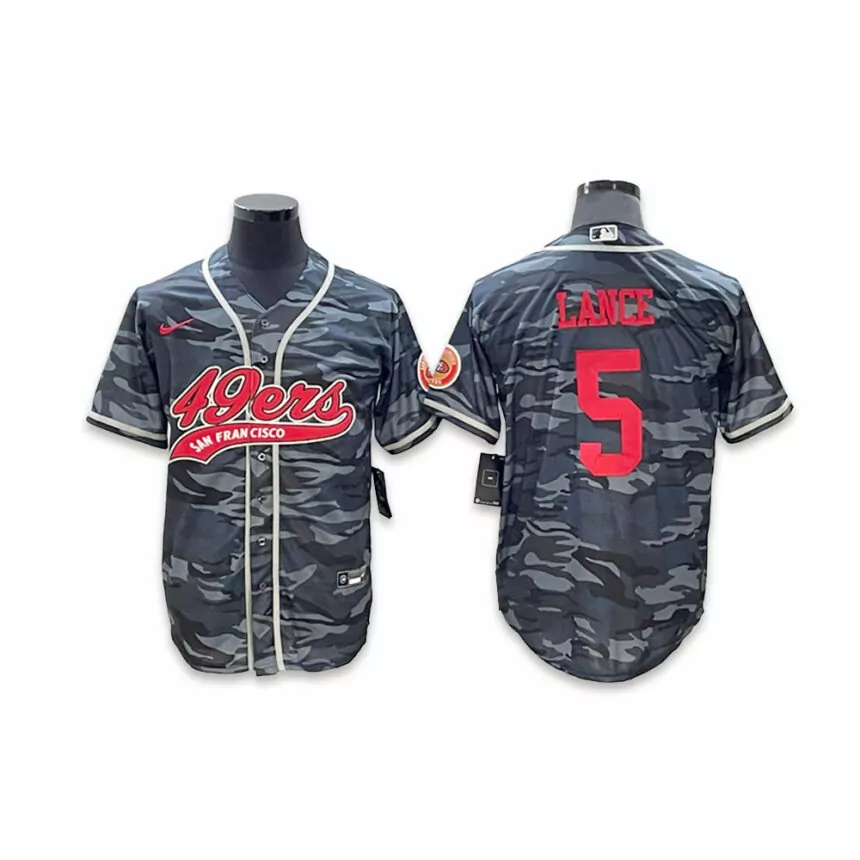 Men’s San Francisco 49ers #5 Trey Lance Co-branded Special City Camouflage Baseball Jersey