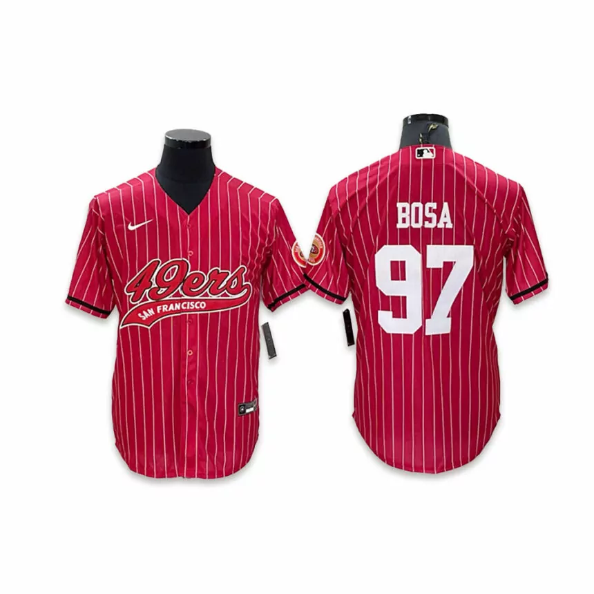 Men’s San Francisco 49ers #97 Nick Bosa Co-branded Special Red Stripes Baseball Jersey