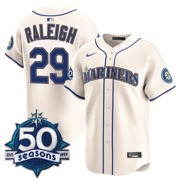 Men’s Seattle Mariners 50 Seasons Patch Vapor Premier Limited Jersey – All Stitched 29 Cal Raleigh