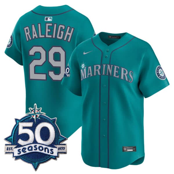 Men’s Seattle Mariners 50 Seasons Patch Vapor Premier Limited Jersey – All Stitched Cal Raleigh   29