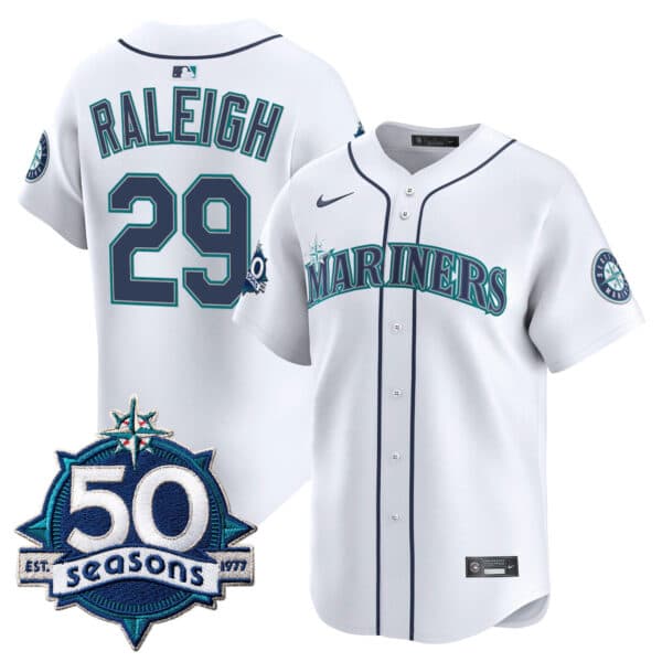 Men’s Seattle Mariners 50 Seasons Patch Vapor Premier Limited Jersey – All Stitched Cal Raleigh  29