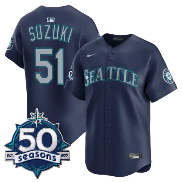 Men’s Seattle Mariners 50 Seasons Patch Vapor Premier Limited Jersey – All Stitched Ichiro  Suzuki   51