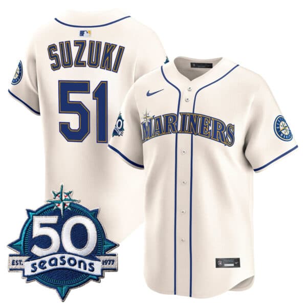Men’s Seattle Mariners 50 Seasons Patch Vapor Premier Limited Jersey – All Stitched Ichiro Suzuki     51