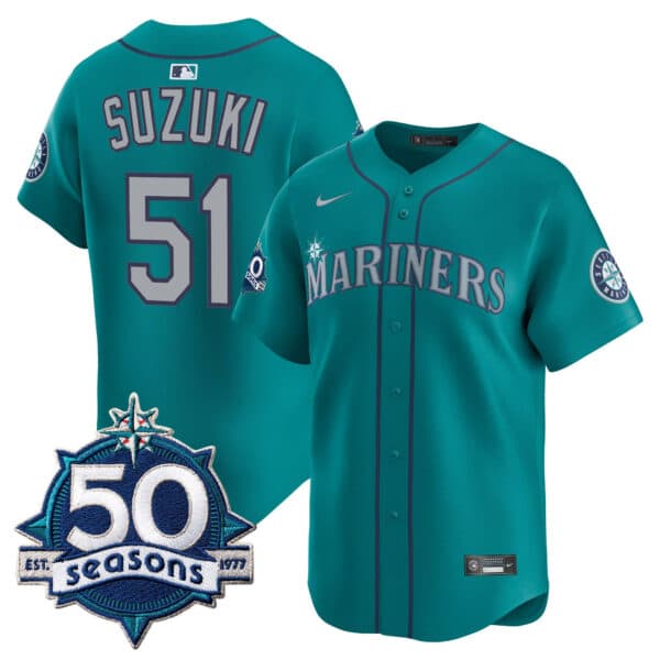 Men’s Seattle Mariners 50 Seasons Patch Vapor Premier Limited Jersey – All Stitched Ichiro Suzuki   51