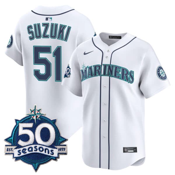 Men’s Seattle Mariners 50 Seasons Patch Vapor Premier Limited Jersey – All Stitched Ichiro Suzuki 51