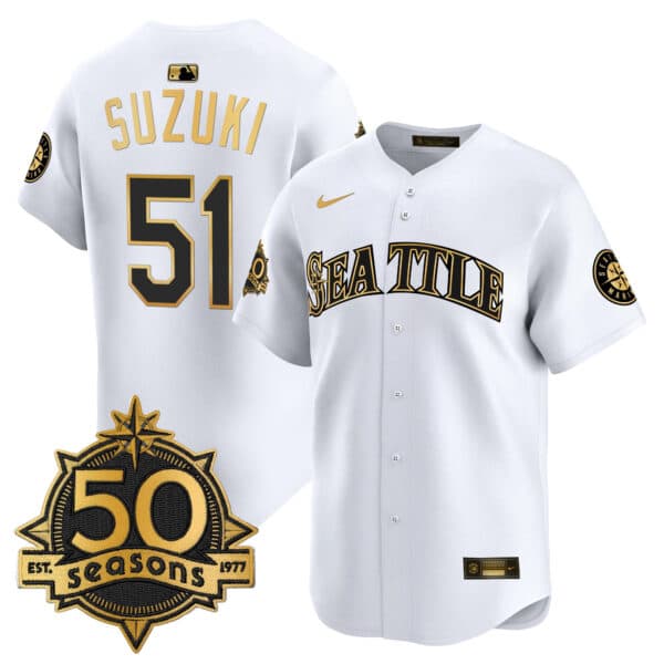 Men’s Seattle Mariners 50 Seasons Patch Vapor Premier Limited Jersey – All Stitched Ichiro Suzuki