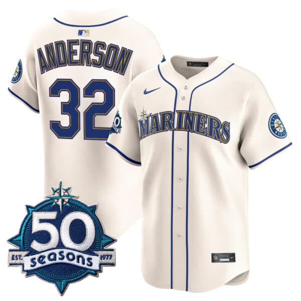 Men’s Seattle Mariners 50 Seasons Patch Vapor Premier Limited Jersey – All Stitched Kade Anderson     32