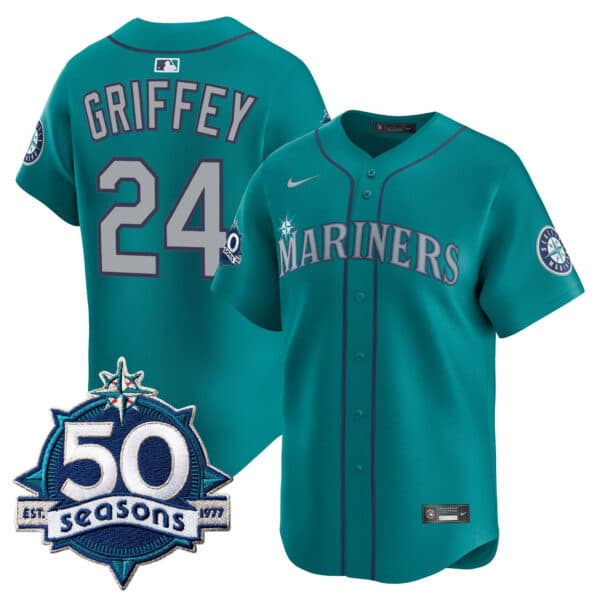Men’s Seattle Mariners 50 Seasons Patch Vapor Premier Limited Jersey – All Stitched Ken Griffey Jr. #24
