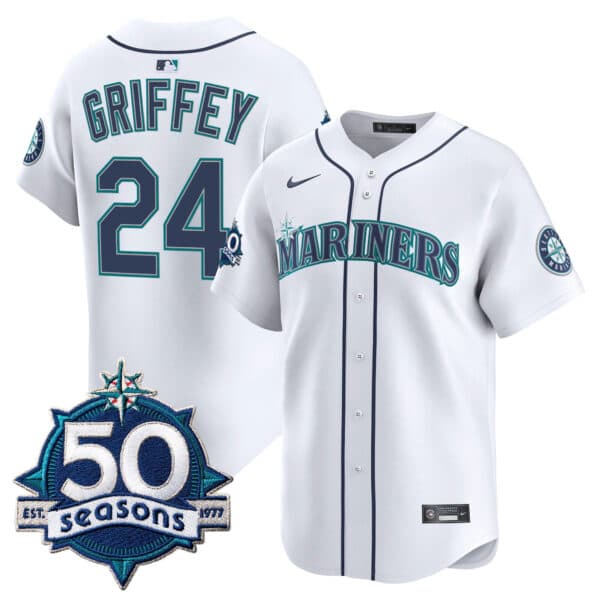 Men’s Seattle Mariners 50 Seasons Patch Vapor Premier Limited Jersey – All Stitched Ken Griffey Jr. 24