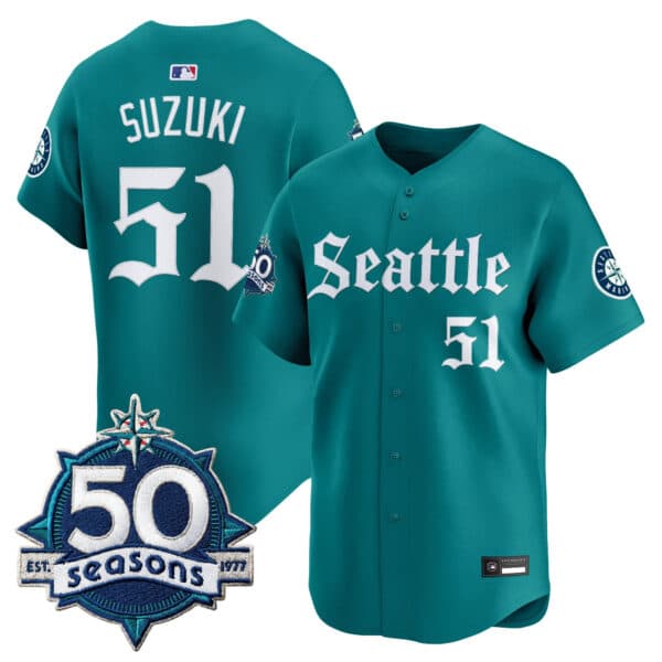 Men’s Seattle Mariners 50 Seasons Patch Vapor Premier Limited Jersey – Gothic Edition – All Stitched #51 Ichiro Suzuki
