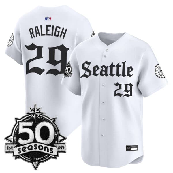 Men’s Seattle Mariners 50 Seasons Patch Vapor Premier Limited Jersey – Gothic Edition – All Stitched 29    Cal Raleigh