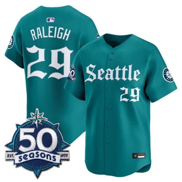 Men’s Seattle Mariners 50 Seasons Patch Vapor Premier Limited Jersey – Gothic Edition – All Stitched 29 Cal Raleigh