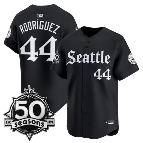 Men’s Seattle Mariners 50 Seasons Patch Vapor Premier Limited Jersey – Gothic Edition – All Stitched 44Julio Rodriguez