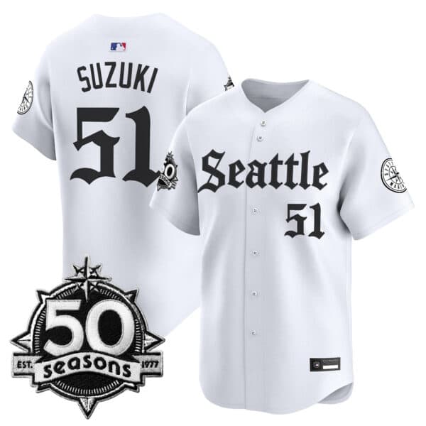Men’s Seattle Mariners 50 Seasons Patch Vapor Premier Limited Jersey – Gothic Edition – All Stitched 51  Ichiro Suzuki