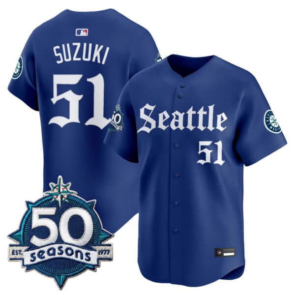 Men’s Seattle Mariners 50 Seasons Patch Vapor Premier Limited Jersey – Gothic Edition – All Stitched Ichiro Suzuki # 51