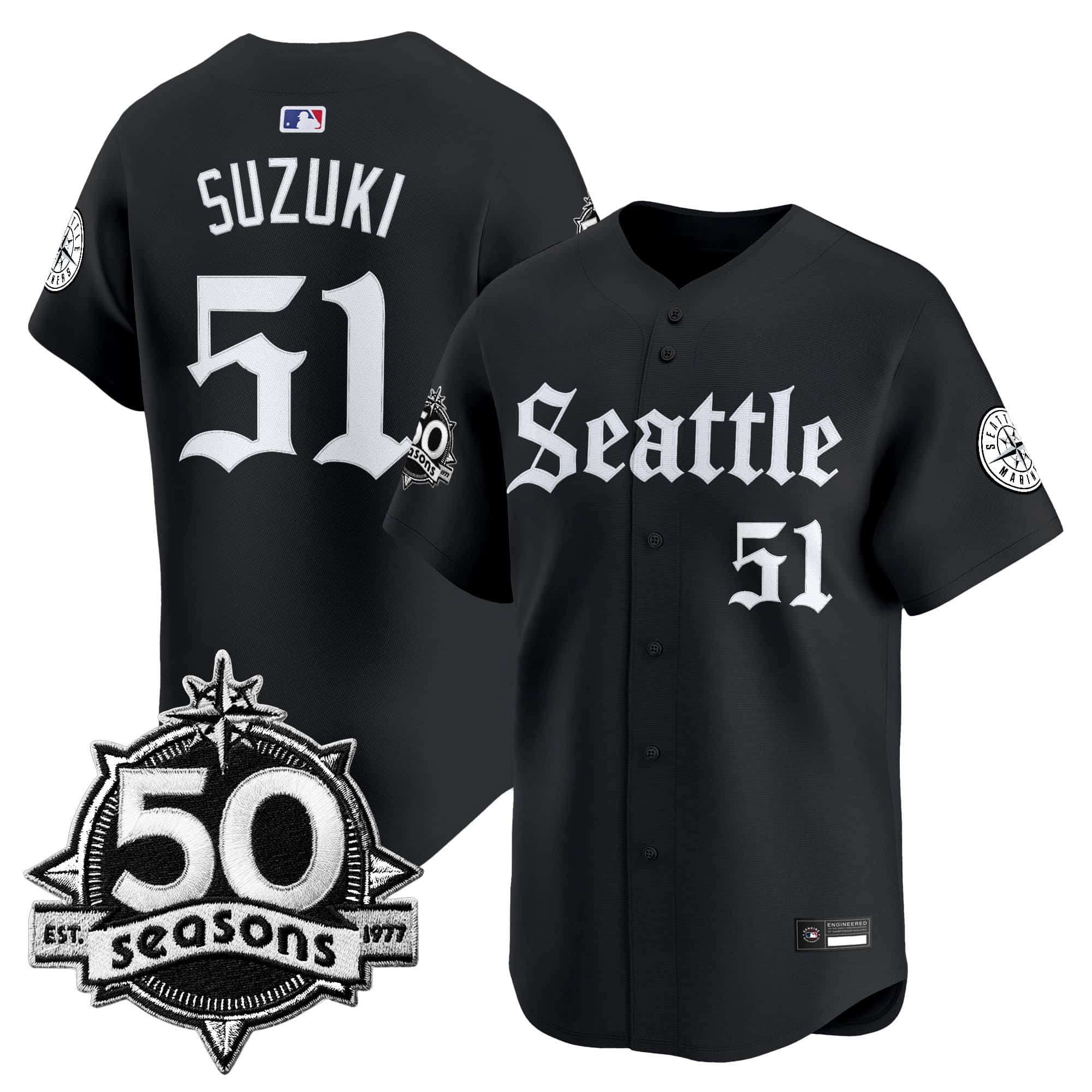 Men’s Seattle Mariners 50 Seasons Patch Vapor Premier Limited Jersey – Gothic Edition – All Stitched Ichiro Suzuki 51