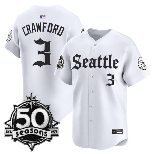Men’s Seattle Mariners 50 Seasons Patch Vapor Premier Limited Jersey – Gothic Edition – All Stitched J.P. Crawford #   3