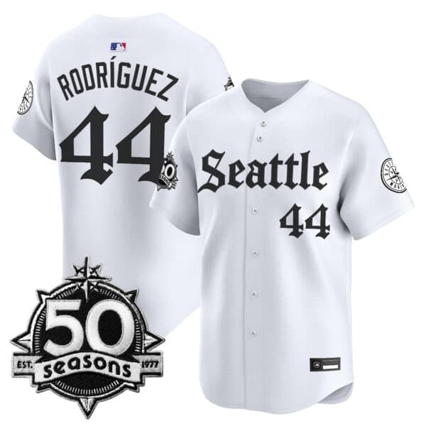 Men’s Seattle Mariners 50 Seasons Patch Vapor Premier Limited Jersey – Gothic Edition – All Stitched Julio  Rodriguez #44