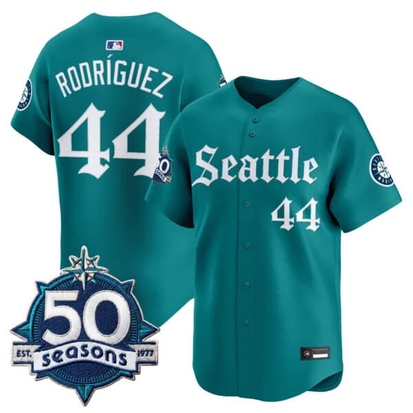 Men’s Seattle Mariners 50 Seasons Patch Vapor Premier Limited Jersey – Gothic Edition – All Stitched Julio Rodriguez  #44