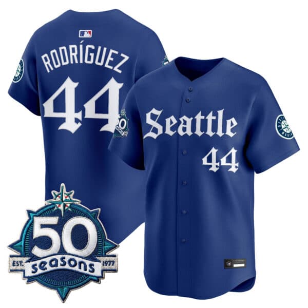 Men’s Seattle Mariners 50 Seasons Patch Vapor Premier Limited Jersey – Gothic Edition – All Stitched Julio Rodriguez #44