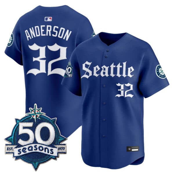 Men’s Seattle Mariners 50 Seasons Patch Vapor Premier Limited Jersey – Gothic Edition – All Stitched Kade Anderson #32