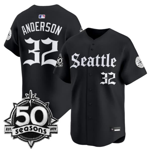 Men’s Seattle Mariners 50 Seasons Patch Vapor Premier Limited Jersey – Gothic Edition – All Stitched Kade Anderson 32