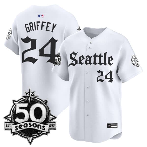 Men’s Seattle Mariners 50 Seasons Patch Vapor Premier Limited Jersey – Gothic Edition – All Stitched Ken Griffey Jr. #  24