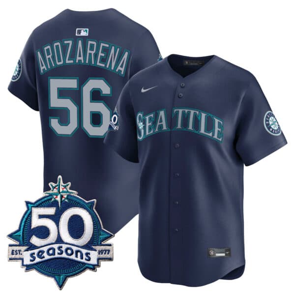 Men’s Seattle Mariners 50 Seasons Patch Vapor Premier Limited Jersey – Gothic Edition – All Stitched Randy Arozarena   56