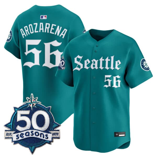 Men’s Seattle Mariners 50 Seasons Patch Vapor Premier Limited Jersey – Gothic Edition – All Stitched Randy Arozarena # 56