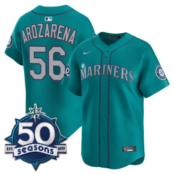 Men’s Seattle Mariners 50 Seasons Patch Vapor Premier Limited Jersey – Gothic Edition – All Stitched Randy Arozarena #56