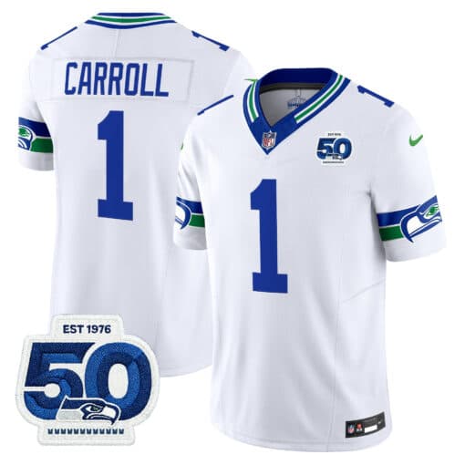Men’s Seattle Seahawks Throwback Vapor Limited Jersey – 50th Anniversary Patch – All Stitched Pete Carroll    1