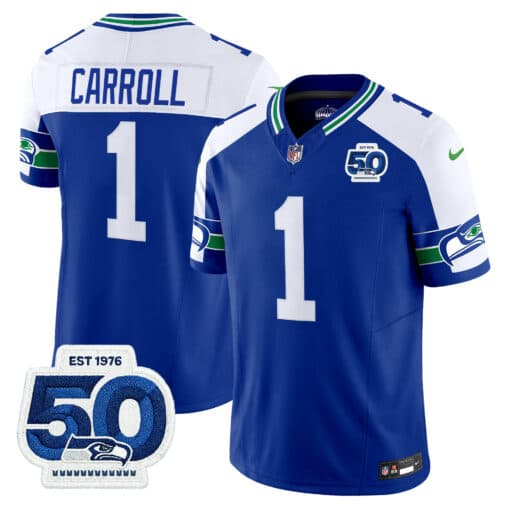 Men’s Seattle Seahawks Throwback Vapor Limited Jersey – 50th Anniversary Patch – All Stitched Pete Carroll   1