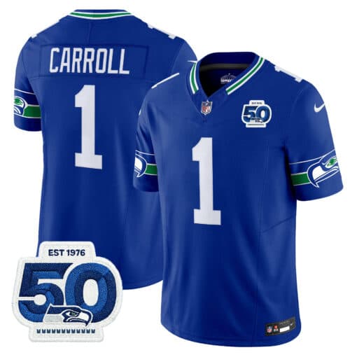 Men’s Seattle Seahawks Throwback Vapor Limited Jersey – 50th Anniversary Patch – All Stitched Pete Carroll  1