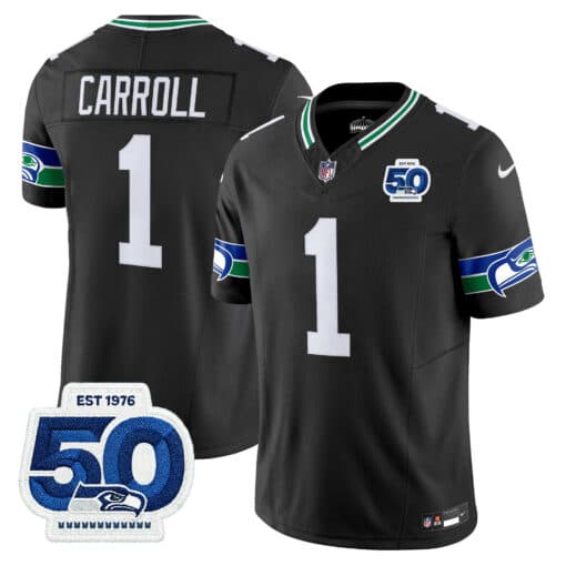 Men’s Seattle Seahawks Throwback Vapor Limited Jersey – 50th Anniversary Patch – All Stitched Pete Carroll