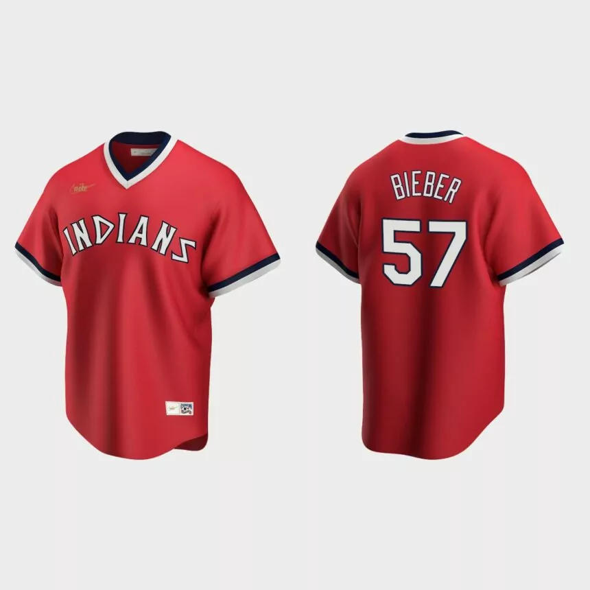 Men’s Shane Bieber #57 Cleveland Indians Cooperstown Collection Road Jersey – Red
