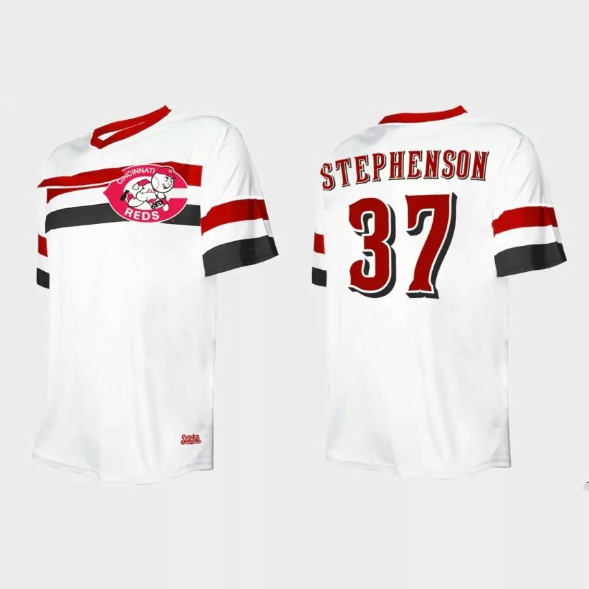 Men’s Tyler Stephenson Cincinnati Reds Cooperstown Collection V-Neck Jersey – White